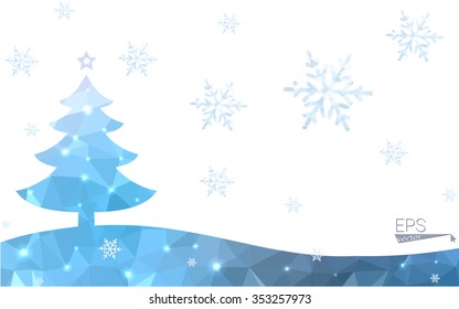 Blue postcard low polygon style christmas tree vector illustration consisting of triangles.Abstract triangular polygonal origami or crystal design of New Years celebration.Isolated on white background