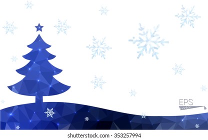 Blue postcard low polygon style christmas tree vector illustration consisting of triangles.Abstract triangular polygonal origami or crystal design of New Years celebration.Isolated on white background
