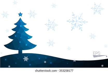 Blue postcard low polygon style christmas tree vector illustration consisting of triangles.Abstract triangular polygonal origami or crystal design of New Years celebration.Isolated on white background
