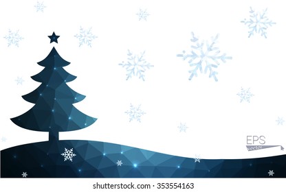 Blue postcard low polygon style christmas tree vector illustration consisting of triangles.Abstract triangular polygonal origami or crystal design of New Years celebration.Isolated on white background