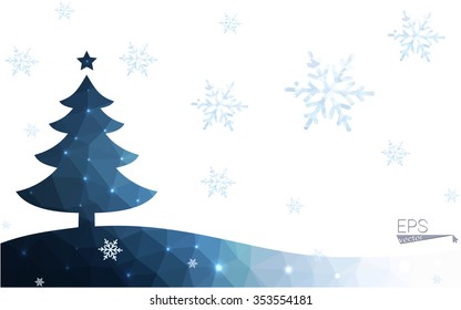 Blue postcard low polygon style christmas tree vector illustration consisting of triangles.Abstract triangular polygonal origami or crystal design of New Years celebration.Isolated on white background