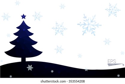 Blue postcard low polygon style christmas tree vector illustration consisting of triangles.Abstract triangular polygonal origami or crystal design of New Years celebration.Isolated on white background