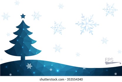 Blue postcard low polygon style christmas tree vector illustration consisting of triangles.Abstract triangular polygonal origami or crystal design of New Years celebration.Isolated on white background