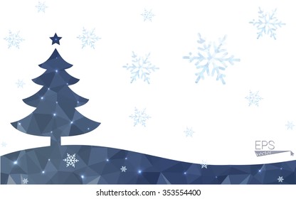 Blue postcard low polygon style christmas tree vector illustration consisting of triangles.Abstract triangular polygonal origami or crystal design of New Years celebration.Isolated on white background