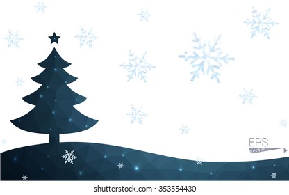 Blue postcard low polygon style christmas tree vector illustration consisting of triangles.Abstract triangular polygonal origami or crystal design of New Years celebration.Isolated on white background
