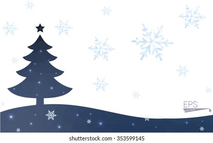 Blue postcard low polygon style christmas tree vector illustration consisting of triangles.Abstract triangular polygonal origami or crystal design of New Years celebration.Isolated on white background
