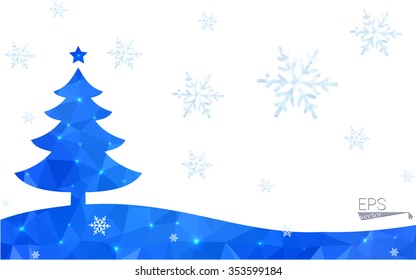 Blue postcard low polygon style christmas tree vector illustration consisting of triangles.Abstract triangular polygonal origami or crystal design of New Years celebration.Isolated on white background