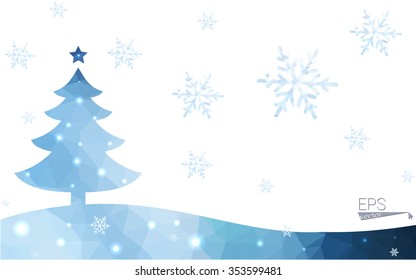 Blue postcard low polygon style christmas tree vector illustration consisting of triangles.Abstract triangular polygonal origami or crystal design of New Years celebration.Isolated on white background
