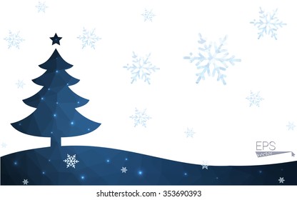 Blue postcard low polygon style christmas tree vector illustration consisting of triangles.Abstract triangular polygonal origami or crystal design of New Years celebration.Isolated on white background