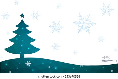 Blue postcard low polygon style christmas tree vector illustration consisting of triangles.Abstract triangular polygonal origami or crystal design of New Years celebration.Isolated on white background