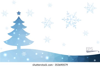 Blue postcard low polygon style christmas tree vector illustration consisting of triangles.Abstract triangular polygonal origami or crystal design of New Years celebration.Isolated on white background