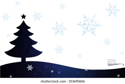 Blue postcard low polygon style christmas tree vector illustration consisting of triangles.Abstract triangular polygonal origami or crystal design of New Years celebration.Isolated on white background