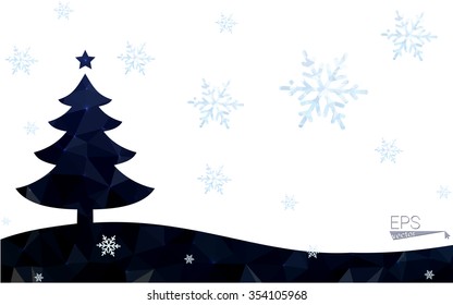 Blue postcard low polygon style christmas tree vector illustration consisting of triangles.Abstract triangular polygonal origami or crystal design of New Years celebration.Isolated on white background