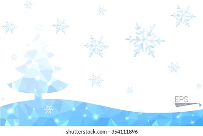 Blue postcard low polygon style christmas tree vector illustration consisting of triangles.Abstract triangular polygonal origami or crystal design of New Years celebration.Isolated on white background