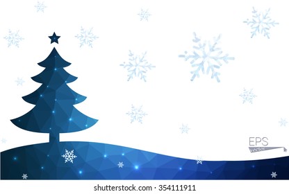 Blue postcard low polygon style christmas tree vector illustration consisting of triangles.Abstract triangular polygonal origami or crystal design of New Years celebration.Isolated on white background