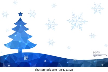 Blue postcard low polygon style christmas tree vector illustration consisting of triangles.Abstract triangular polygonal origami or crystal design of New Years celebration.Isolated on white background