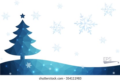 Blue postcard low polygon style christmas tree vector illustration consisting of triangles.Abstract triangular polygonal origami or crystal design of New Years celebration.Isolated on white background