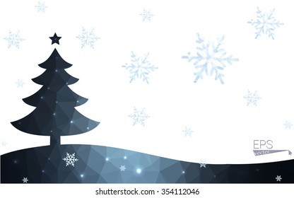 Blue postcard low polygon style christmas tree vector illustration consisting of triangles.Abstract triangular polygonal origami or crystal design of New Years celebration.Isolated on white background