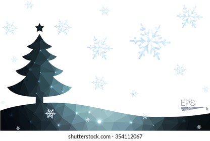 Blue postcard low polygon style christmas tree vector illustration consisting of triangles.Abstract triangular polygonal origami or crystal design of New Years celebration.Isolated on white background