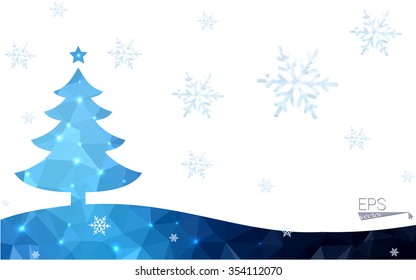 Blue postcard low polygon style christmas tree vector illustration consisting of triangles.Abstract triangular polygonal origami or crystal design of New Years celebration.Isolated on white background