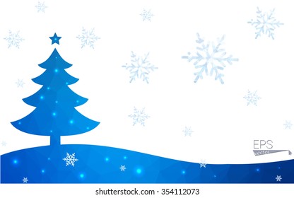 Blue postcard low polygon style christmas tree vector illustration consisting of triangles.Abstract triangular polygonal origami or crystal design of New Years celebration.Isolated on white background