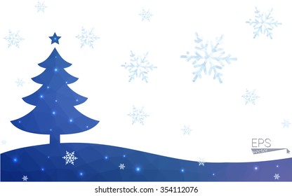 Blue postcard low polygon style christmas tree vector illustration consisting of triangles.Abstract triangular polygonal origami or crystal design of New Years celebration.Isolated on white background