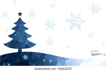 Blue postcard low polygon style christmas tree vector illustration consisting of triangles.Abstract triangular polygonal origami or crystal design of New Years celebration.Isolated on white background