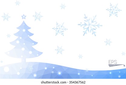 Blue postcard low polygon style christmas tree vector illustration consisting of triangles.Abstract triangular polygonal origami or crystal design of New Years celebration.Isolated on white background