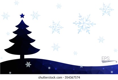 Blue postcard low polygon style christmas tree vector illustration consisting of triangles.Abstract triangular polygonal origami or crystal design of New Years celebration.Isolated on white background