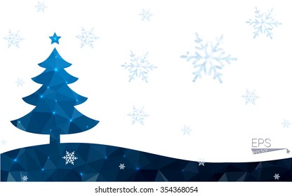 Blue postcard low polygon style christmas tree vector illustration consisting of triangles.Abstract triangular polygonal origami or crystal design of New Years celebration.Isolated on white background