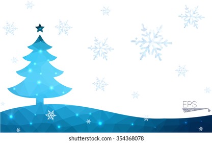 Blue postcard low polygon style christmas tree vector illustration consisting of triangles.Abstract triangular polygonal origami or crystal design of New Years celebration.Isolated on white background