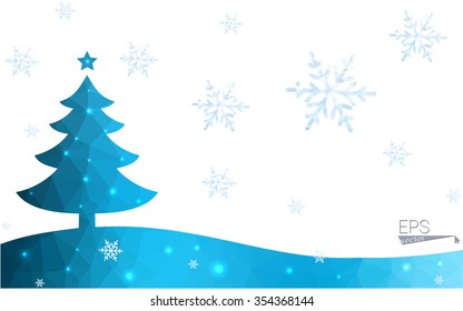 Blue postcard low polygon style christmas tree vector illustration consisting of triangles.Abstract triangular polygonal origami or crystal design of New Years celebration.Isolated on white background
