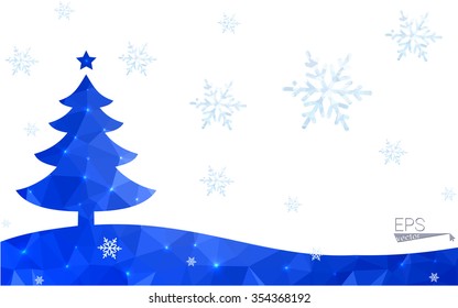 Blue postcard low polygon style christmas tree vector illustration consisting of triangles.Abstract triangular polygonal origami or crystal design of New Years celebration.Isolated on white background