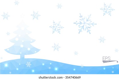 Blue postcard low polygon style christmas tree vector illustration consisting of triangles.Abstract triangular polygonal origami or crystal design of New Years celebration.Isolated on white background