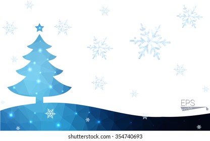 Blue postcard low polygon style christmas tree vector illustration consisting of triangles.Abstract triangular polygonal origami or crystal design of New Years celebration.Isolated on white background