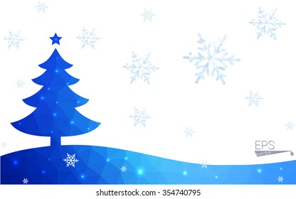 Blue postcard low polygon style christmas tree vector illustration consisting of triangles.Abstract triangular polygonal origami or crystal design of New Years celebration.Isolated on white background