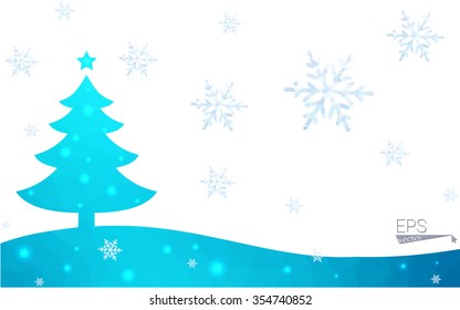 Blue postcard low polygon style christmas tree vector illustration consisting of triangles.Abstract triangular polygonal origami or crystal design of New Years celebration.Isolated on white background
