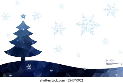 Blue postcard low polygon style christmas tree vector illustration consisting of triangles.Abstract triangular polygonal origami or crystal design of New Years celebration.Isolated on white background