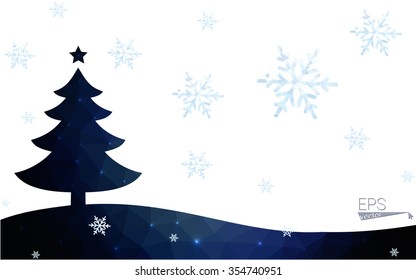 Blue postcard low polygon style christmas tree vector illustration consisting of triangles.Abstract triangular polygonal origami or crystal design of New Years celebration.Isolated on white background