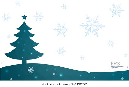 Blue postcard low polygon style christmas tree vector illustration consisting of triangles.Abstract triangular polygonal origami or crystal design of New Years celebration.Isolated on white background