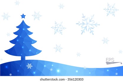 Blue postcard low polygon style christmas tree vector illustration consisting of triangles.Abstract triangular polygonal origami or crystal design of New Years celebration.Isolated on white background