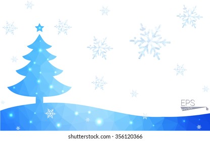 Blue postcard low polygon style christmas tree vector illustration consisting of triangles.Abstract triangular polygonal origami or crystal design of New Years celebration.Isolated on white background