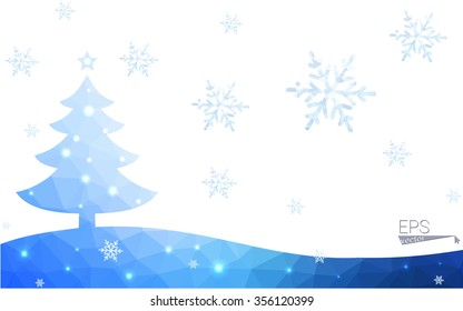 Blue postcard low polygon style christmas tree vector illustration consisting of triangles.Abstract triangular polygonal origami or crystal design of New Years celebration.Isolated on white background