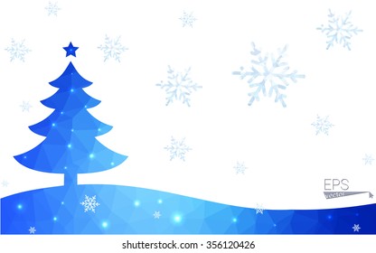 Blue postcard low polygon style christmas tree vector illustration consisting of triangles.Abstract triangular polygonal origami or crystal design of New Years celebration.Isolated on white background