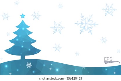 Blue postcard low polygon style christmas tree vector illustration consisting of triangles.Abstract triangular polygonal origami or crystal design of New Years celebration.Isolated on white background