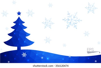 Blue postcard low polygon style christmas tree vector illustration consisting of triangles.Abstract triangular polygonal origami or crystal design of New Years celebration.Isolated on white background