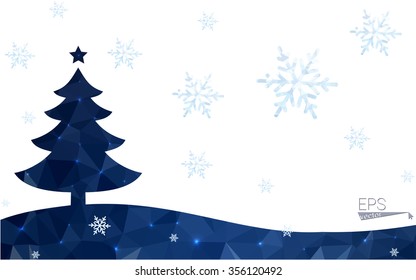 Blue postcard low polygon style christmas tree vector illustration consisting of triangles.Abstract triangular polygonal origami or crystal design of New Years celebration.Isolated on white background