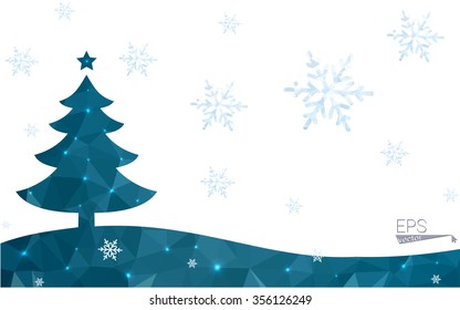 Blue postcard low polygon style christmas tree vector illustration consisting of triangles.Abstract triangular polygonal origami or crystal design of New Years celebration.Isolated on white background