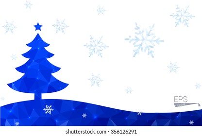 Blue postcard low polygon style christmas tree vector illustration consisting of triangles.Abstract triangular polygonal origami or crystal design of New Years celebration.Isolated on white background