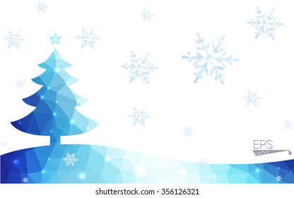 Blue postcard low polygon style christmas tree vector illustration consisting of triangles.Abstract triangular polygonal origami or crystal design of New Years celebration.Isolated on white background